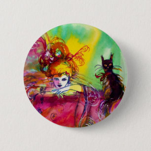 Badge Rond 5 Cm DAME AVEC CHAT NOIR /Mardi Gras Masquerade Party