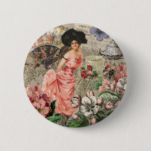 Badge Rond 5 Cm Dame de café femme victorienne rose riche robe