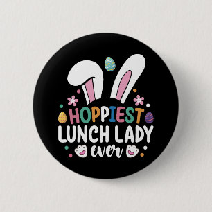 Badge Rond 5 Cm Dame de cantine la plus heureuse d'école Pâques La