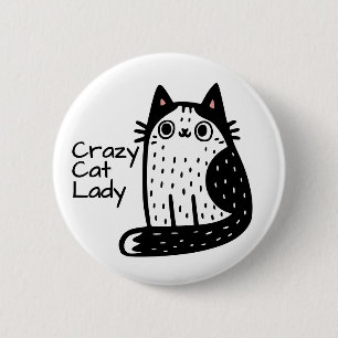 Badge Rond 5 Cm Dame de chat drôle noir et blanc folle de chats