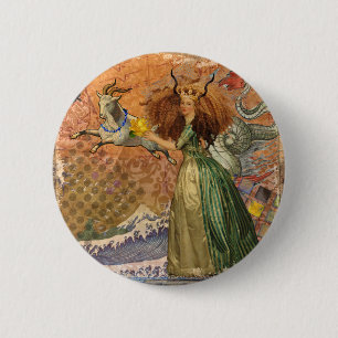Badge Rond 5 Cm Dame de la Renaissance Capricorne Fantastique Vint
