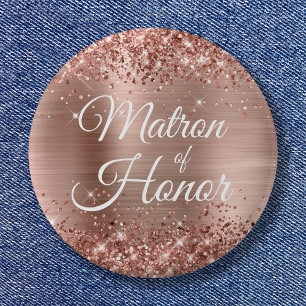 Badge Rond 5 Cm Dame d'honneur Pailleté Feuille d'Or Rose