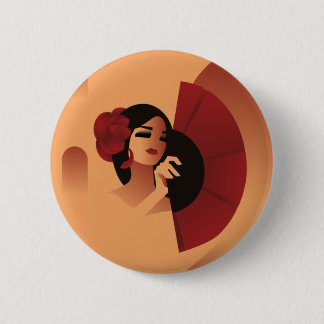 Badge Rond 5 Cm Dame espagnole avec ventilateur et rose rouge chev
