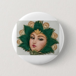 Badge Rond 5 Cm Dame Fleur Émeraude & Or Art de Tapis Persan