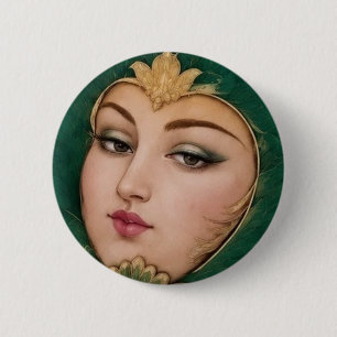 Badge Rond 5 Cm Dame Fleur Émeraude & Or Art de Tapis Persan