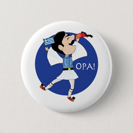Badge Rond 5 Cm Danse d'Evzone de Grec avec le drapeau OPA ! (Devant)