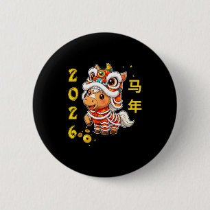 Badge Rond 5 Cm Danse du Lion Kawaii Cheval Nouvel An Chinois 2026