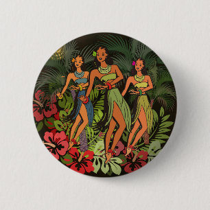 Badge Rond 5 Cm Danseuses Hula Vintage Hawaï Rétro Tiki Palmier