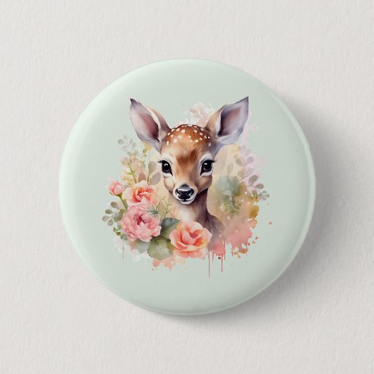 Badge Rond 5 Cm De Beaux Cerfs Entourés De Roses (Devant)