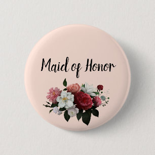 Badge Rond 5 Cm Demoiselle d'honneur aux élégantes fleurs bordeaux