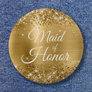 Badge Rond 5 Cm Demoiselle d'Honneur Feuille d'Or Pailletée