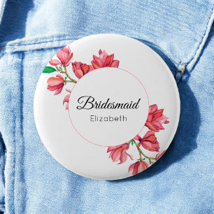 Badge Rond 5 Cm Demoiselle d'honneur Magnolia Rose Blanc