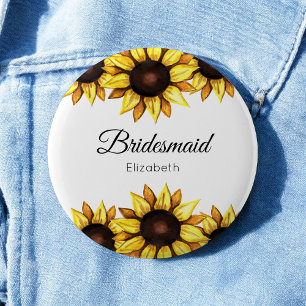 Badge Rond 5 Cm Demoiselle d'honneur Tournesol Fleurs Jaune Blanc