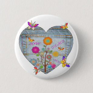 Badge Rond 5 Cm Denim Pocket Fleurs cardiaques Papillons