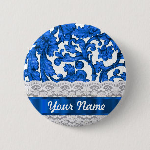 Badge Rond 5 Cm Dentelle bleue et blanche