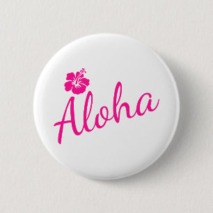 Badge Rond 5 Cm Design original en texte rose ALOHA et fleur