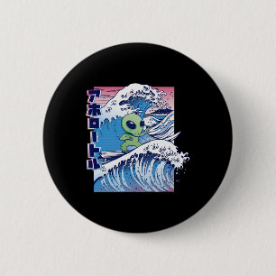 Badge Rond 5 Cm Dessin animé de surf d'alien surfant sur la plage 