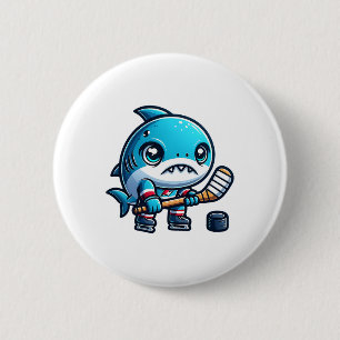 Badge Rond 5 Cm Dessin de joueur de hockey sur glace requin mignon