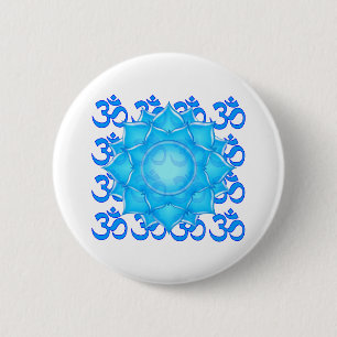 Badge Rond 5 Cm Dessin Fleur Lotus De Verre Bleu Avec Motif Om