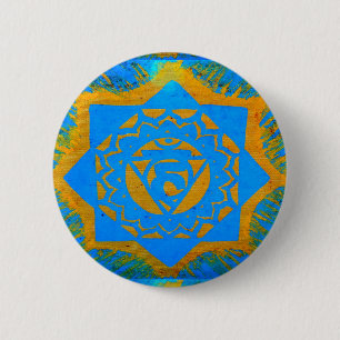 Badge Rond 5 Cm dessin tibétain en or bleu