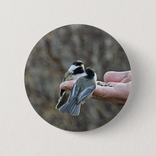 Badge Rond 5 Cm Deux Chickadees sur une main (Devant)