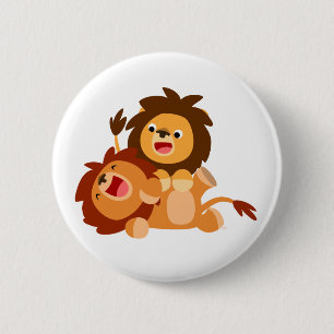 Badge Rond 5 Cm Deux Jolies Lions Cartoon Jouant