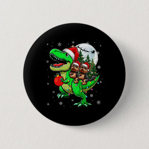 Badge Rond 5 Cm Deux Xmas Yorkshire Terriers Riding T-rex Reindeer