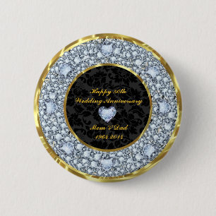 Badge Rond 5 Cm Diamants, Black & Gold 50e anniversaire de Mariage