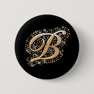 Badge Rond 5 Cm Diamants blancs et bouton "B" initial d'or