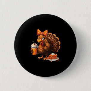 Badge Rond 5 Cm Dinde buvant un café glacé avec un arc de Thanksgi