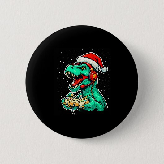 Badge Rond 5 Cm Dinosaur T Rex Playing Video Game Santa Hat Christ (Devant)