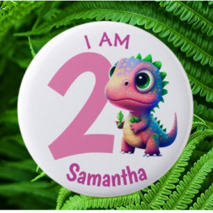 Badge Rond 5 Cm Dinosaure anniversaire rose