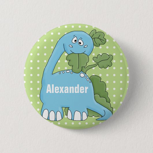 Badge Rond 5 Cm Dinosaure dans le bouton de nom de bleu joyeux (Devant)