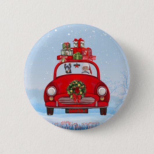 Badge Rond 5 Cm Doberman Chien En Voiture Avec Le Père Noël (Devant)