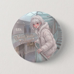 Badge Rond 5 Cm Douce Ange Stellaire : Fille Anime Cheveux Argenté