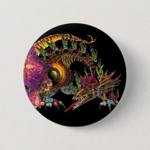 BADGE ROND 5 CM DRAGO / DRAGON D'OR IMAGINAIRE EN PURPLE ET NOIR