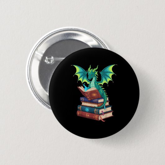 Badge Rond 5 Cm Dragon Reading Books Fantasy Lovers Mythical Creat (Devant & derrière)