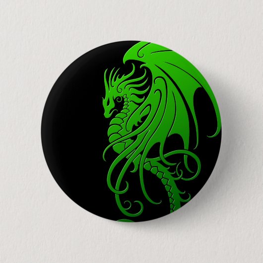 Badge Rond 5 Cm Dragon tribal de vol - vert sur le noir (Devant)