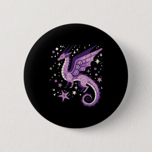 Badge Rond 5 Cm Dragon Violet Étoiles Mignonne Imaginaire Mythique