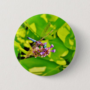 Badge Rond 5 Cm Dragonfly de couleur arc-en-ciel sur une fleur ros