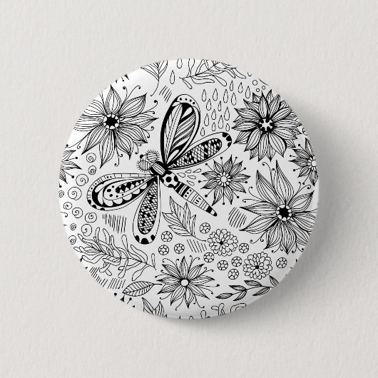 Badge Rond 5 Cm Dragonfly et doodle de fleurs (Devant)