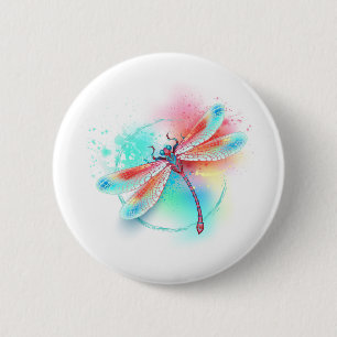 Badge Rond 5 Cm Dragonfly rouge sur l'arrière - plan aquarelle