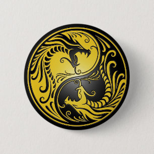 Badge Rond 5 Cm Dragons, jaune et noir de Yin Yang
