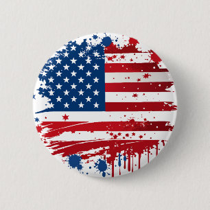 Badge Rond 5 Cm Drapeau américain éclaboussé d'aquarelle rouge et 
