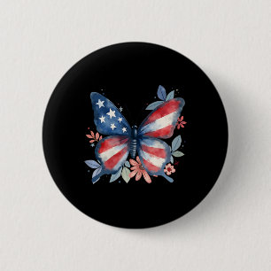 Badge Rond 5 Cm Drapeau Américain Floral Papillon Usa 4 Juillet Fi