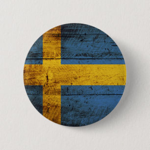 Badge Rond 5 Cm Drapeau de la Suède sur le vieux grain en bois