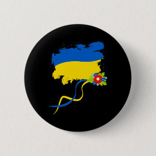 Badge Rond 5 Cm Drapeau de l'Ukraine avec des fleurs folkloriques