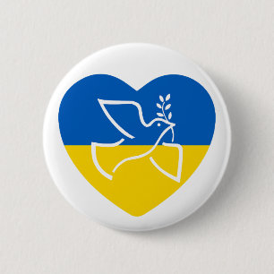 Badge Rond 5 Cm drapeau ukrainien, cœur bleu et jaune colombe de l