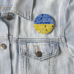 Badge Rond 5 Cm Drapeau ukrainien jaune bleu motif texture bois