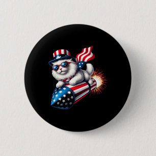 Badge Rond 5 Cm Drôle 4 juillet Patriotic Cat Rocket avec Firewo